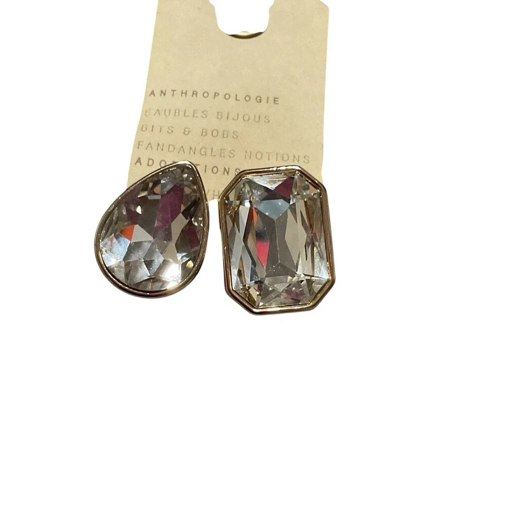 Anthropology Adorations Mismatched Faceted Crystal Statement Earrings Gold NWT